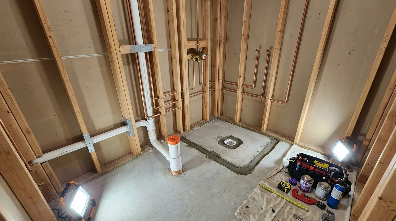 Bathroom rough-in plumbing during remodel by Johns Plumbing LLC in Saginaw
