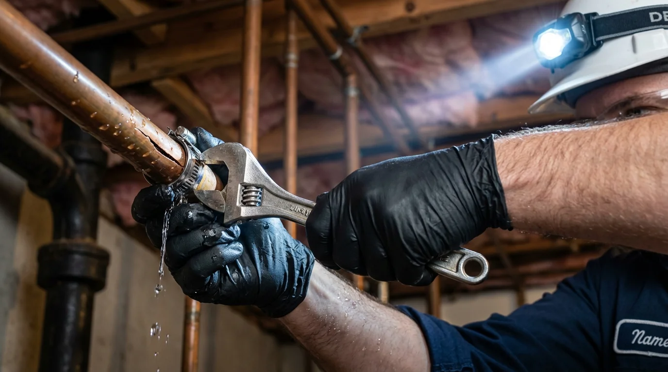 Emergency pipe clamp repair being performed by a Johns Plumbing LLC plumber in Saginaw