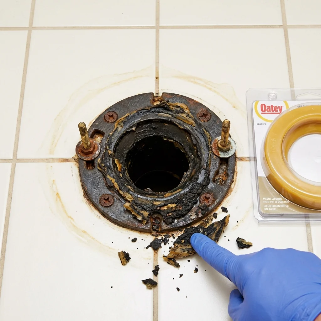 Failed wax ring showing water seepage at the base of a toilet in a Saginaw, MI home