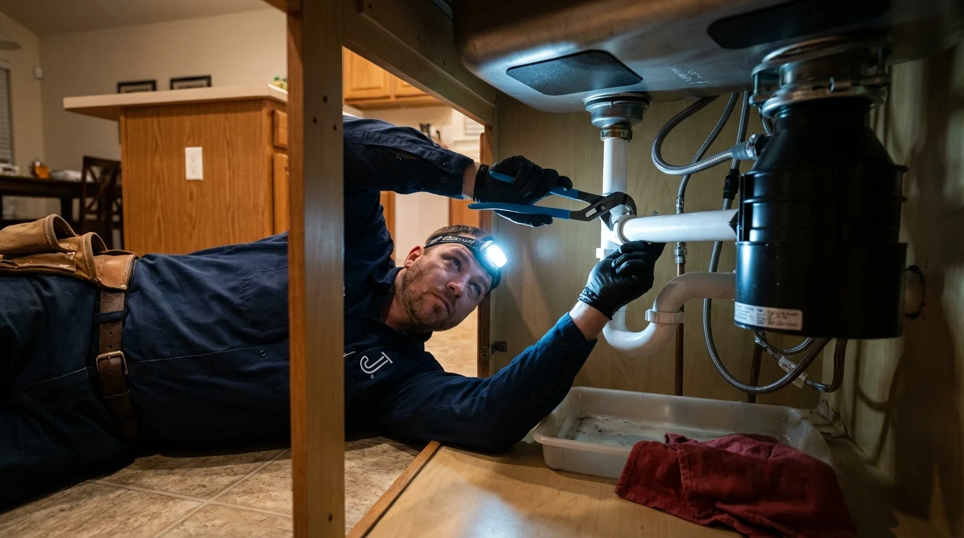 P-trap and supply line connections under a kitchen sink showing a common leak point in Saginaw, MI
